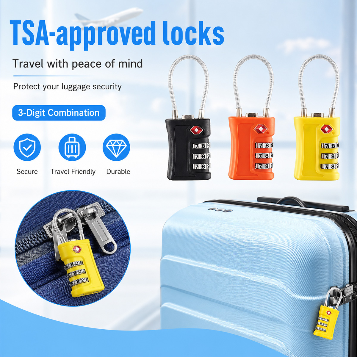 Outdoor Sport Backpack - TSA-zugelassenes Gepäckschloss, 3-stelliges Kombinations-Kabelschloss für Koffer,